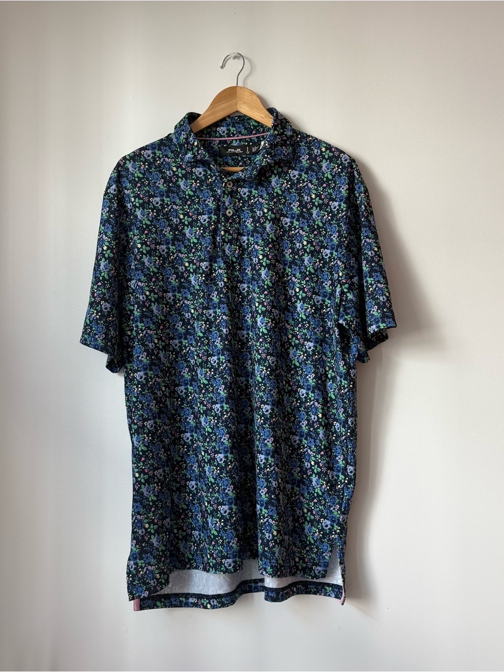 RLX Ralph Lauren Mens Large Floral Performance Golf Polo Shirt Short Sleeve Blue
